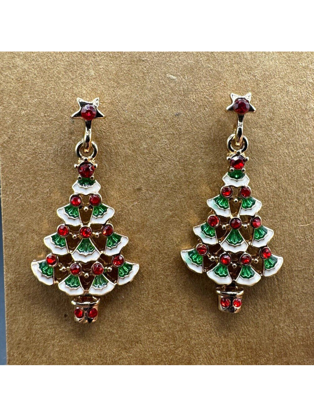 Christmas Tree Rhinestone Dangle Earrings Red Green Enamel Sparkly Holiday